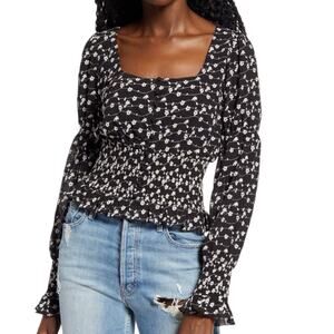 Code X Mode Black White Floral Smocked Peplum‎ Blouse Women's S Cottagecore Top